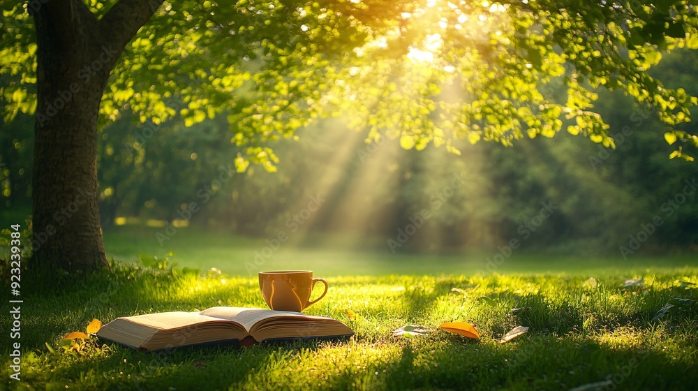 Poster a tranquil outdoor cafe scene where a cup of coffee and an open book sit on a table amidst lush gree