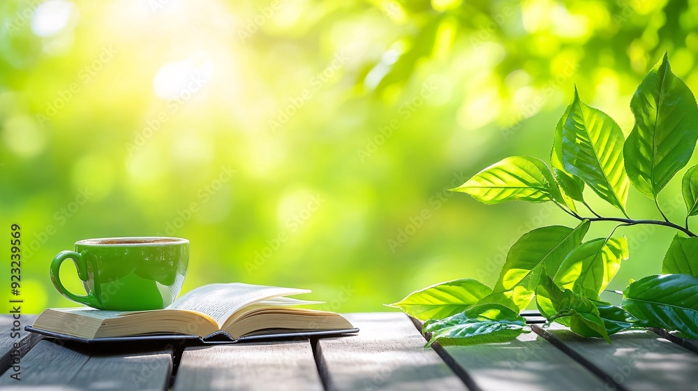 Poster a serene outdoor cafe scene featuring a table with a cup of coffee and an open book sunlight filters