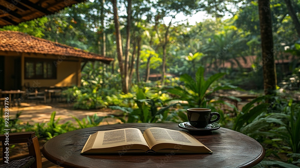 Poster a peaceful cafe scene outdoors with a view of lush greenery a cup of coffee and an open book rest on