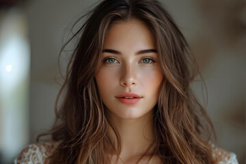 Fototapeta premium woman with long brown hair and blue eyes posing for a picture