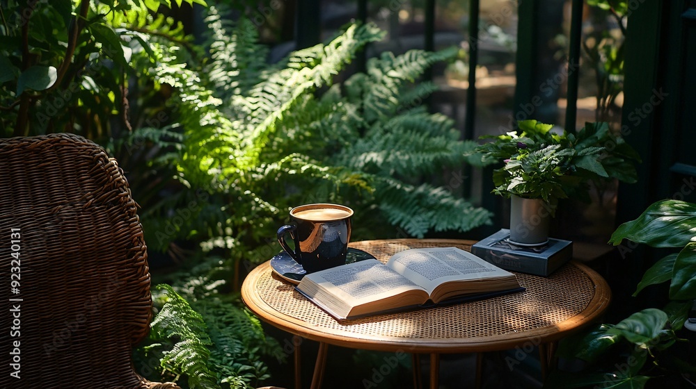 Aufkleber A refreshing outdoor cafe setting where a cup of coffee and an open book rest on a table amidst greenery Sunlight filters gently through the trees creating a serene and calming atmosphere Stock Photo