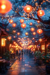 Vibrant lanterns illuminate a traditional Asian street market at dusk, creating a festive and warm atmosphere.