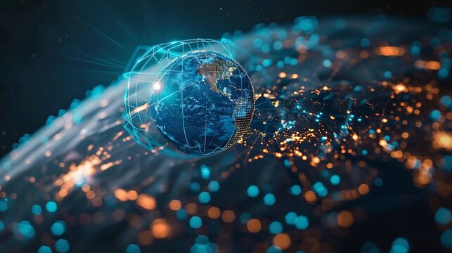 Stylized representation of the Earth, enveloped in a network of connections abstract symbolizes global connectivity, communication and the interconnectedness of our world.