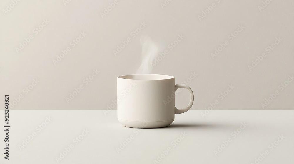 Poster a minimalist image featuring a single coffee cup with delicate steam rising set against a clean whit