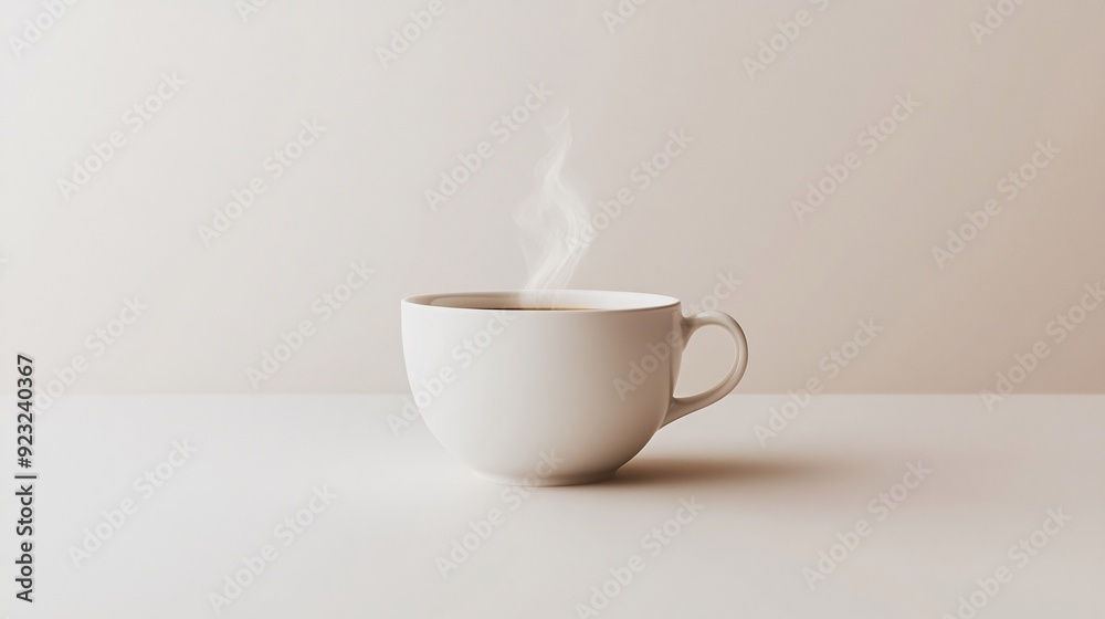Poster a minimalist image featuring a single coffee cup with delicate steam rising set against a clean whit