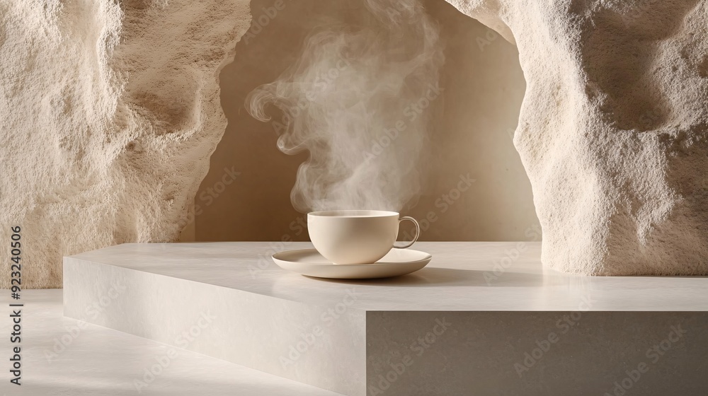 Poster A sleek modern image of a coffee cup placed centrally on a simple background with steam gently rising The focus on whites and beiges with the coffee cup adding a touch of color creates a serene