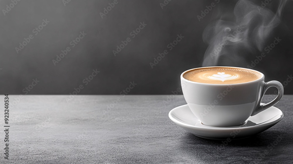 Poster A sleek modern image of a coffee cup placed centrally on a simple background with steam gently rising The focus on whites and beiges with the coffee cup adding a touch of color creates a serene