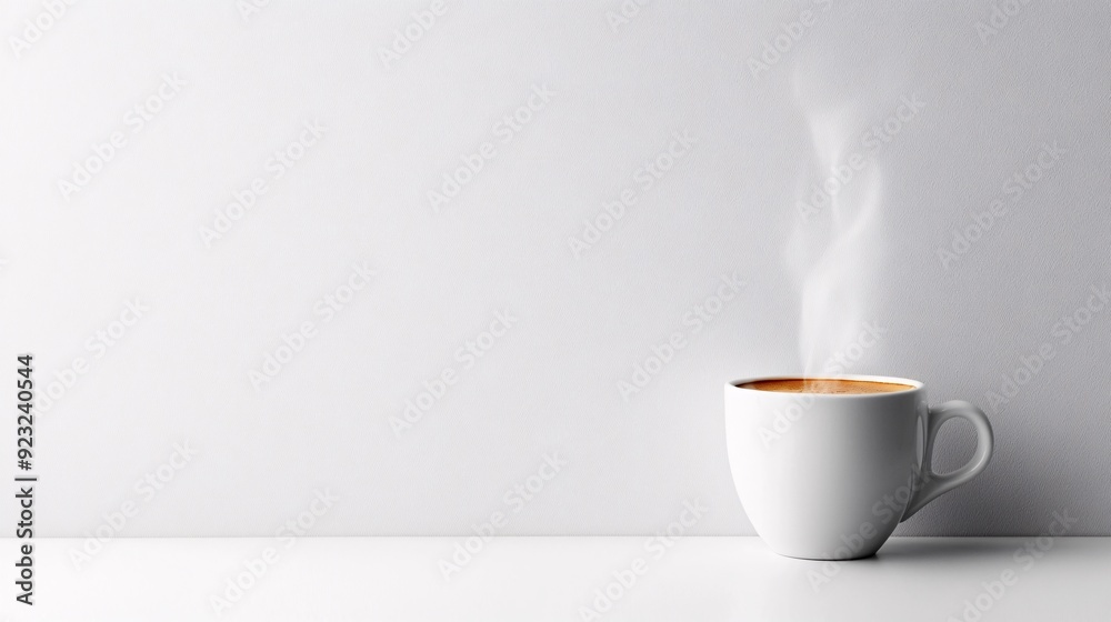 Poster A minimalist photograph of a lone coffee cup with steam rising set against a pristine white backdrop The image is designed with a limited color palette highlighting the elegance of simplicity Stock