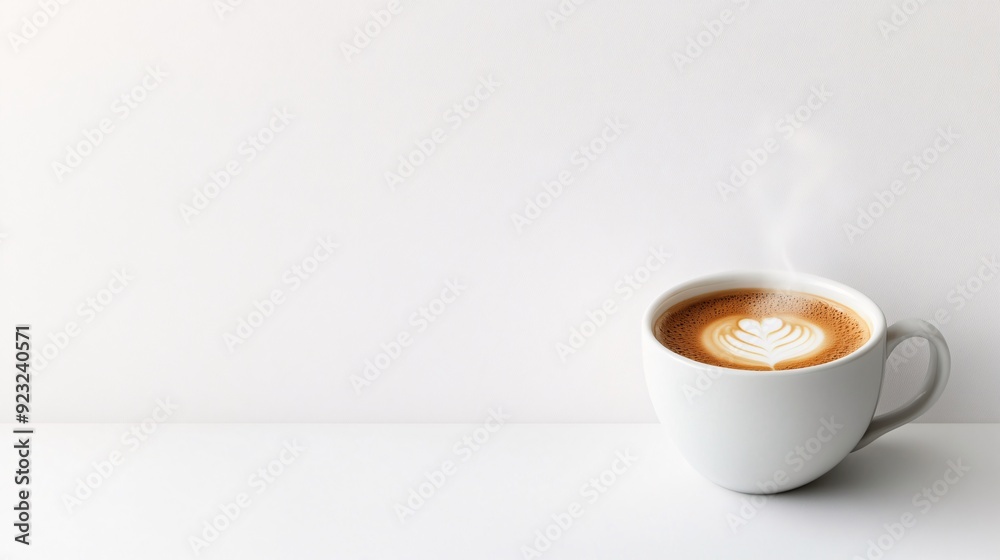 Poster a single coffee cup with steam drifting upwards captured in a minimalist style against a clean white