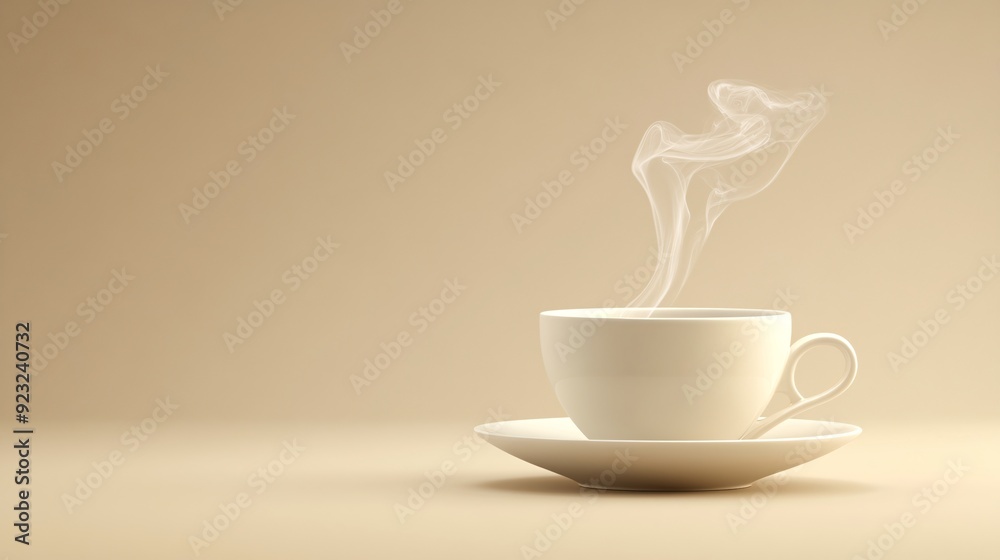 Poster A single coffee cup with steam rising elegantly against a clean minimalist background The image uses a restrained color palette with whites and beiges allowing the cup to be the focal point Stock
