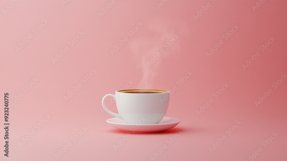 Poster A single coffee cup with steam rising elegantly against a clean minimalist background The image uses a restrained color palette with whites and beiges allowing the cup to be the focal point Stock