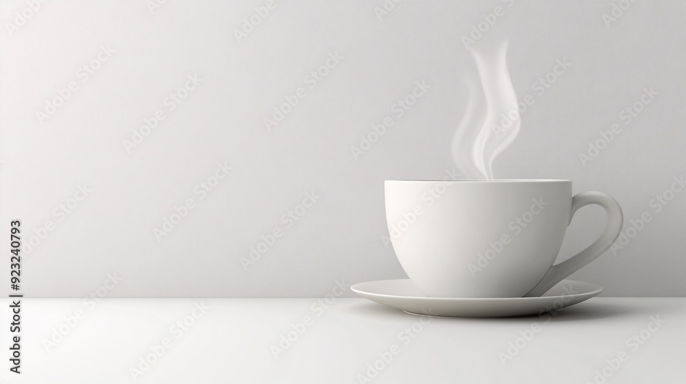 Poster a minimalist design featuring a coffee cup with steam rising set against a sleek white background th