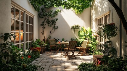 Naklejka premium 3D rendering of a beautiful garden courtyard with white walls and potted plants.