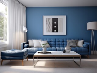 Modern living room interior with blue sofa, white curtains, and abstract artwork.