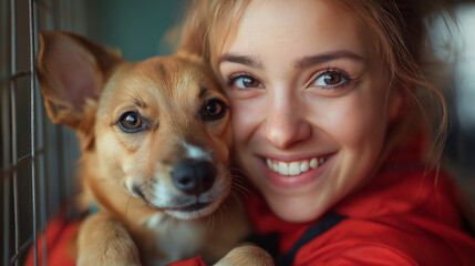 Obraz premium Young adult woman holding adorable dog in animal shelter