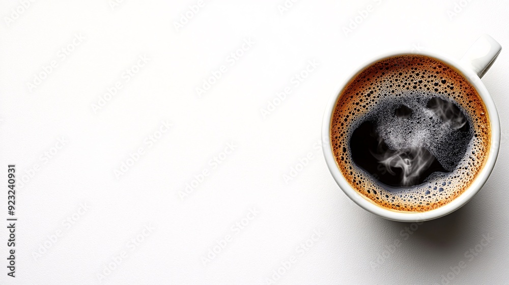 Poster a minimalist design featuring a coffee cup with steam rising set against a sleek white background th