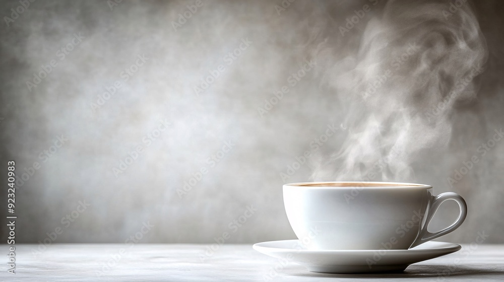 Poster a modern minimalist photograph of a lone coffee cup with steam rising set against a simple white bac