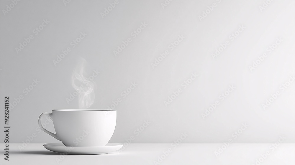 Poster a sleek minimalist image showcasing a single coffee cup with steam rising set against a clean white 