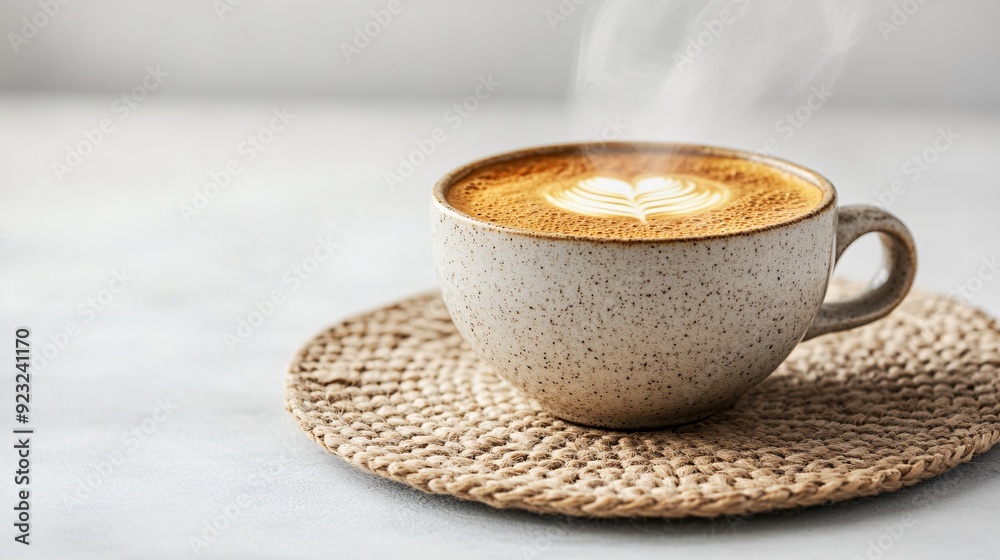 Poster a single coffee cup with steam rising softly placed against a minimalist white background the image 