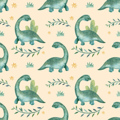 Seamless pattern with hand-drawn cute pink dinosaurs in Scandinavian style. Pink and brown. Creative watercolor fashion children's background for fabric, textile