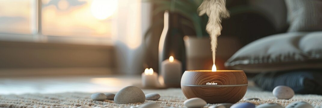 Tranquil space for meditation and relaxation at home with fragrant diffusers, glowing candles, and soothing stones for comfort and aromatherapy. Interior decor for living spaces.
