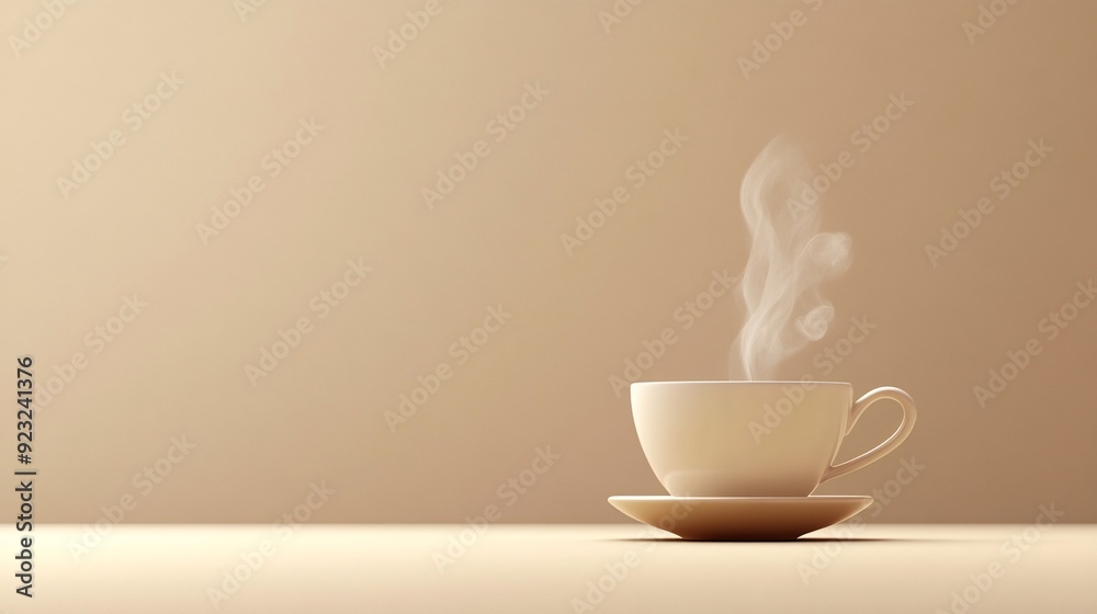 Poster A single coffee cup with rising steam captured in a minimalist style against a pristine background The image is simple yet elegant with a focus on a limited color palette of whites and beiges Stock