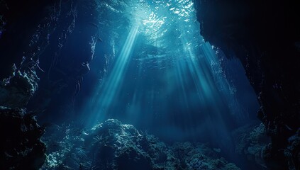 Obraz premium a dark blue underwater scene with light shining down from above the water