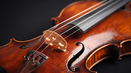 Realistic photo of a violin is strings and bridge, showing fine details and texture
