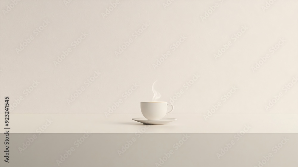 Aufkleber A minimalist image featuring a coffee cup with steam drifting upwards set against a clean white backdrop The limited color scheme of whites and beiges is complemented by the cup's subtle pop of color