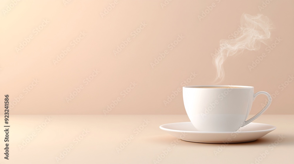 Poster A clean modern image of a coffee cup with steam rising gently set against a minimalist background The image uses a limited color palette of whites and beiges with the cup's color providing a focal