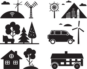 Naklejka premium A minimalist vector icon set including a renewable energy sources, sustainable transportation, eco-friendly products, and green building 