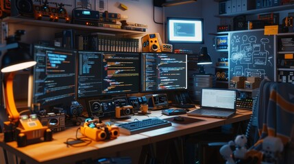 Tech Oasis Multitasking Monitors Coding Books Algorithms and Robotics Kit in a Programming Paradise