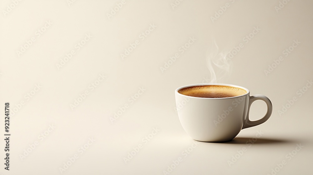 Poster A sleek minimalist photograph of a single coffee cup with steam rising set against a plain white background The image's focus on whites and beiges with a pop of color from the cup creates a serene