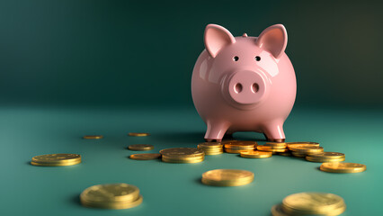 there is a piggy bank with coins on a green surface