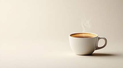 Obraz premium A sleek minimalist photograph of a single coffee cup with steam rising set against a plain white background The image's focus on whites and beiges with a pop of color from the cup creates a serene
