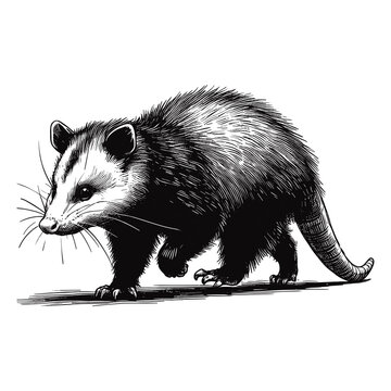 black and white opossum walking clip art preview
