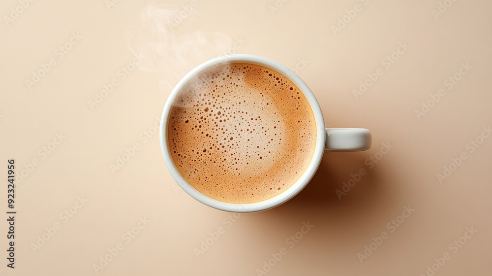 Poster A minimalist image of a coffee cup with steam rising set against a sleek white background The image uses a restrained palette of whites and beiges with the cup adding a pop of color Stock Photo with