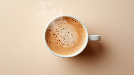 A minimalist image of a coffee cup with steam rising set against a sleek white background The image uses a restrained palette of whites and beiges with the cup adding a pop of color Stock Photo with