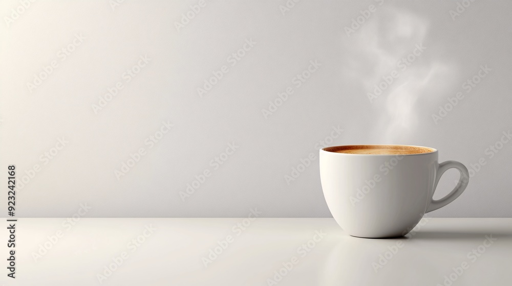 Aufkleber A minimalist image of a coffee cup with steam rising set against a sleek white background The image uses a restrained palette of whites and beiges with the cup adding a pop of color Stock Photo with
