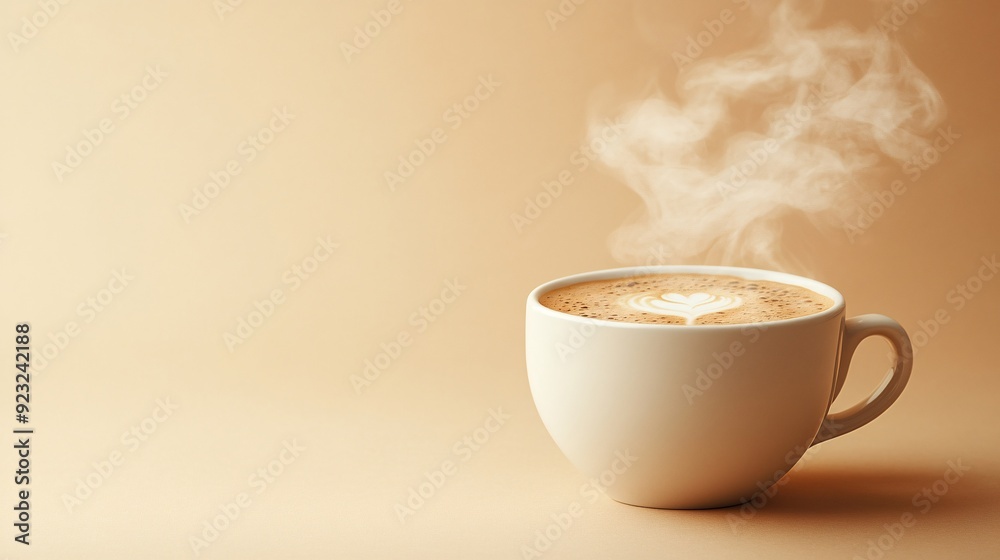 Aufkleber A minimalist image of a coffee cup with steam rising set against a sleek white background The image uses a restrained palette of whites and beiges with the cup adding a pop of color Stock Photo with