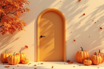 Obraz premium Vibrant autumn scene, minimalist design, orange door, pumpkins, falling leaves, seasonal decor, autumn marketing, graphic resources, broad commercial appeal, emotional warmth, visible copy space.