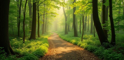 Obraz premium Serene forest pathway, winding through lush greenery, inviting tranquility, ideal for nature retreats, photography, wellness industries, vibrant seasonal appeal, copy space.