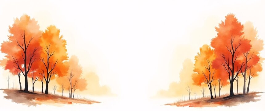 A serene autumn landscape featuring vibrant orange and yellow trees against a soft foggy backdrop, ideal for seasonal marketing, nature themes, outdoor decor, available copy space.