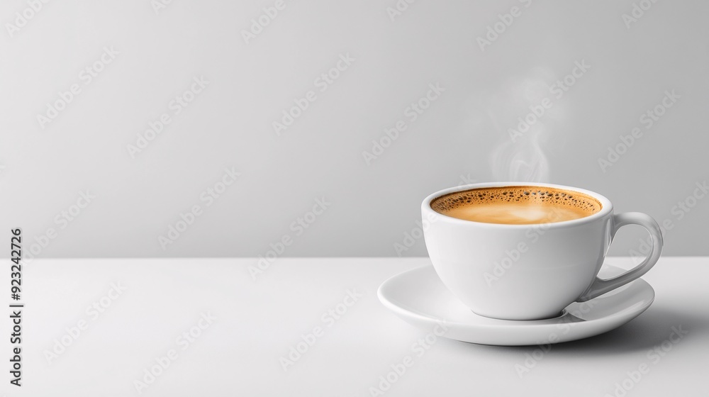 Poster a minimalist modern image featuring a coffee cup with steam rising set against a clean white backdro