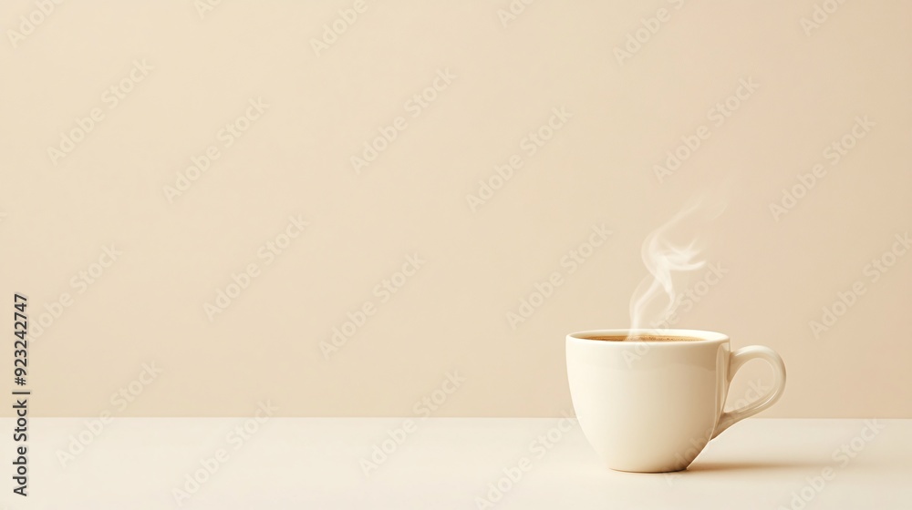 Poster A sleek and simple photograph of a single coffee cup with steam rising set against a minimalist white background The image's focus on a limited palette of whites and beiges with a pop of color from