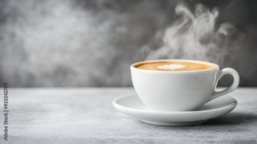 Poster A sleek and simple photograph of a single coffee cup with steam rising set against a minimalist white background The image's focus on a limited palette of whites and beiges with a pop of color from