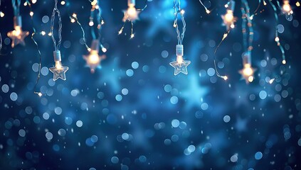 A dark blue background with blurred lights and white stars