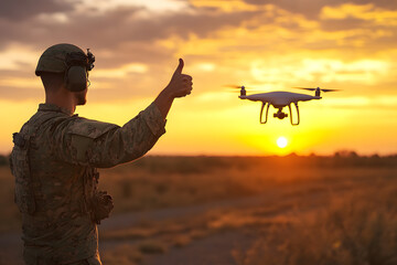 Soldier gives thumbs up to drone in action