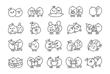 Obraz premium Couple of funny limes. Coloring Page. Happy fruits hugging. Hand drawn style. Vector drawing. Collection of design elements.