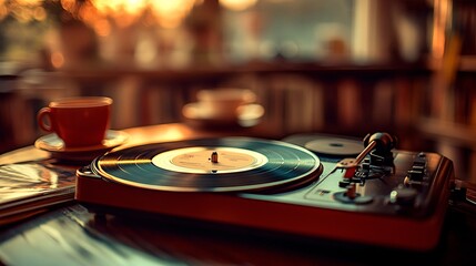 Fototapeta premium A close-up of a vinyl record spinning on a turntable set on a retro coffee table surrounded by old records and a hot cup of coffee The image is styled with sepia tones to create a warm and nostalgic